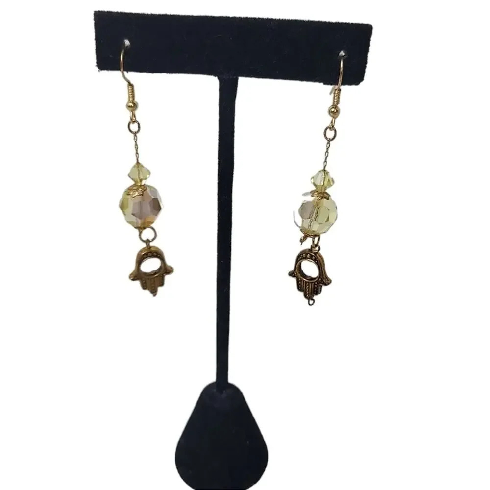 Hamsa Hand Yellow Glass Disco Dangle Earrings - Picture 3 of 3
